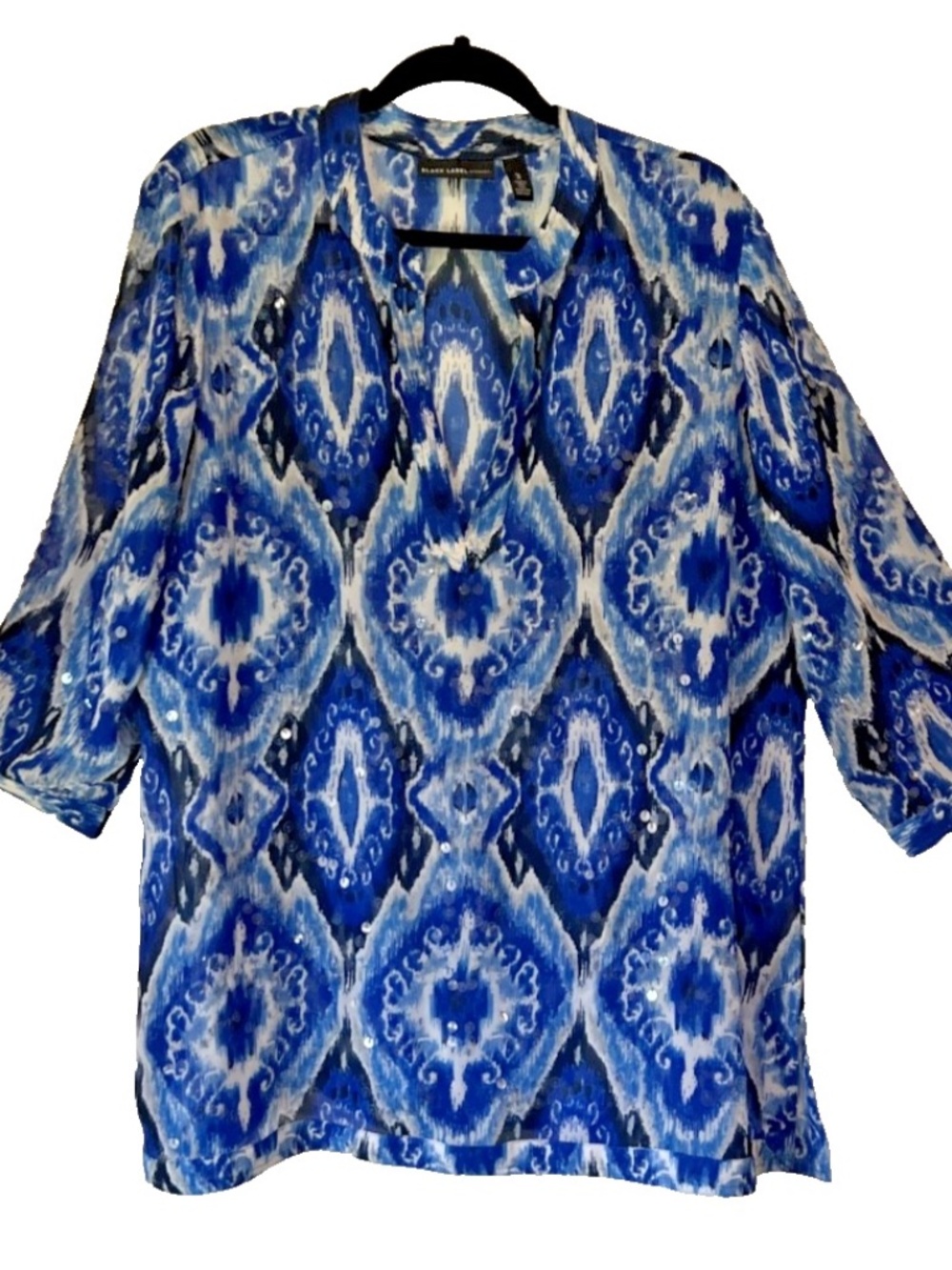 Black Label by Chico's Size 3 (XL  16} Sheer Blue Sequins Top V-Neck 3/4 Sleeve